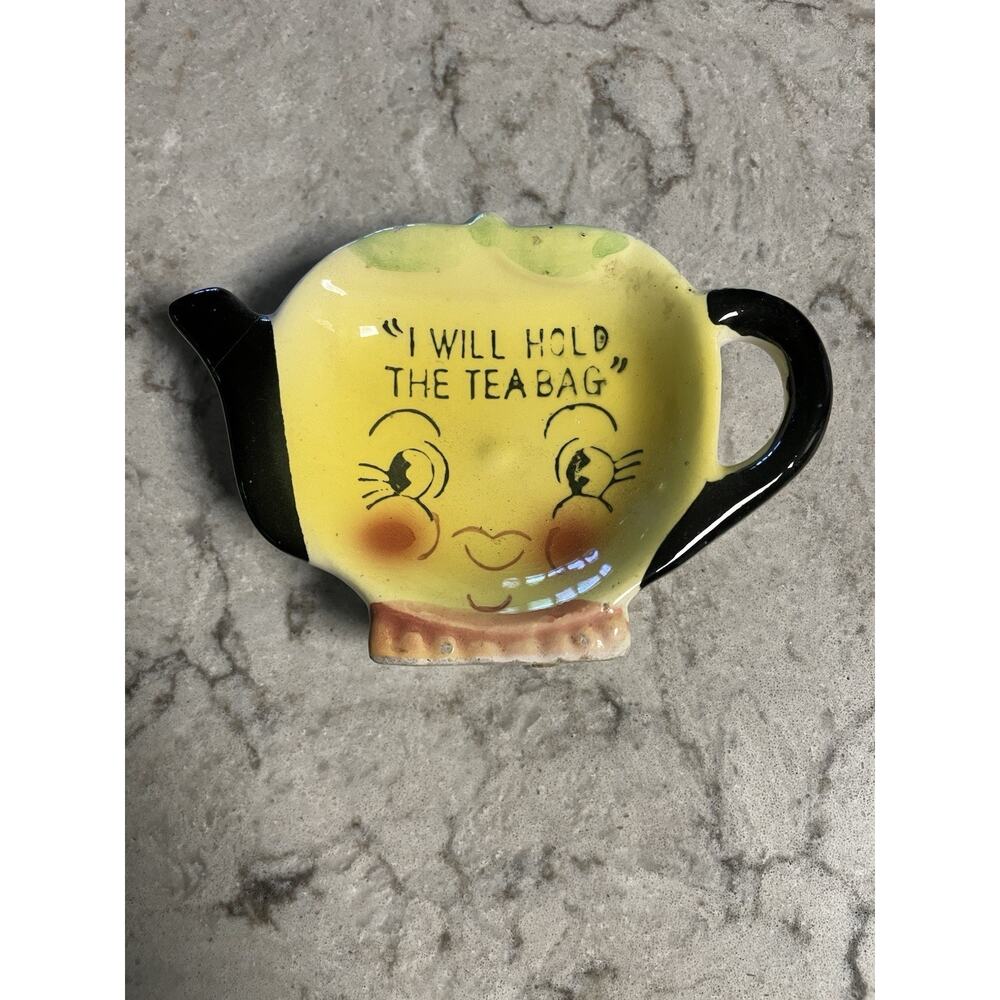Vintage 50s “I will Hold the Tea Bag Yellow Ceramic Holder Anthropomorphic Japan